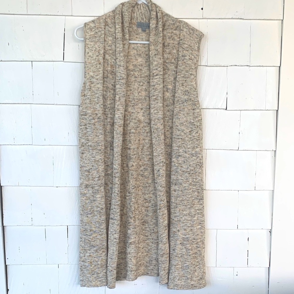 NWOT Linen blend marled yarn Sleeveless open front long Cardigan oatmeal size L